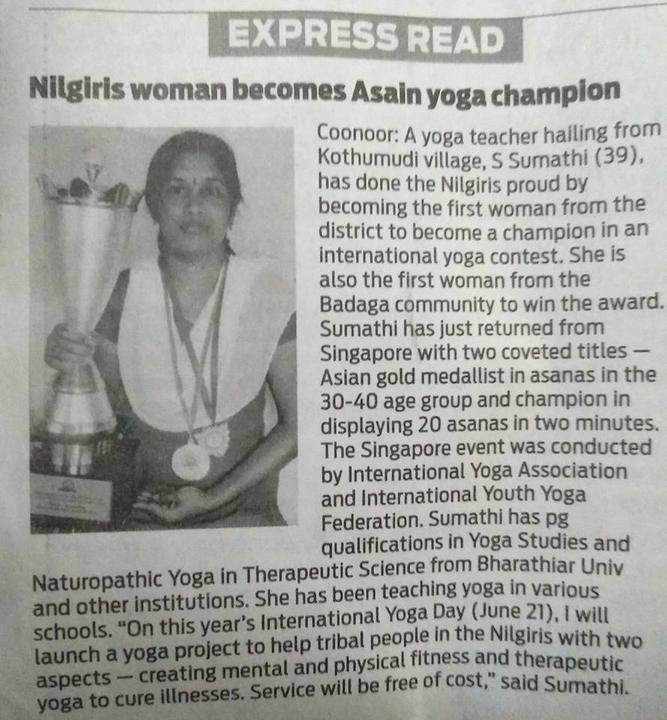 “Nilgiris woman becomes Asian yoga champion” — Express Read